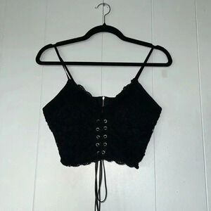 Romwe Camisole Cami Spaghetti Strap Crop Eyelet Lace Up G13